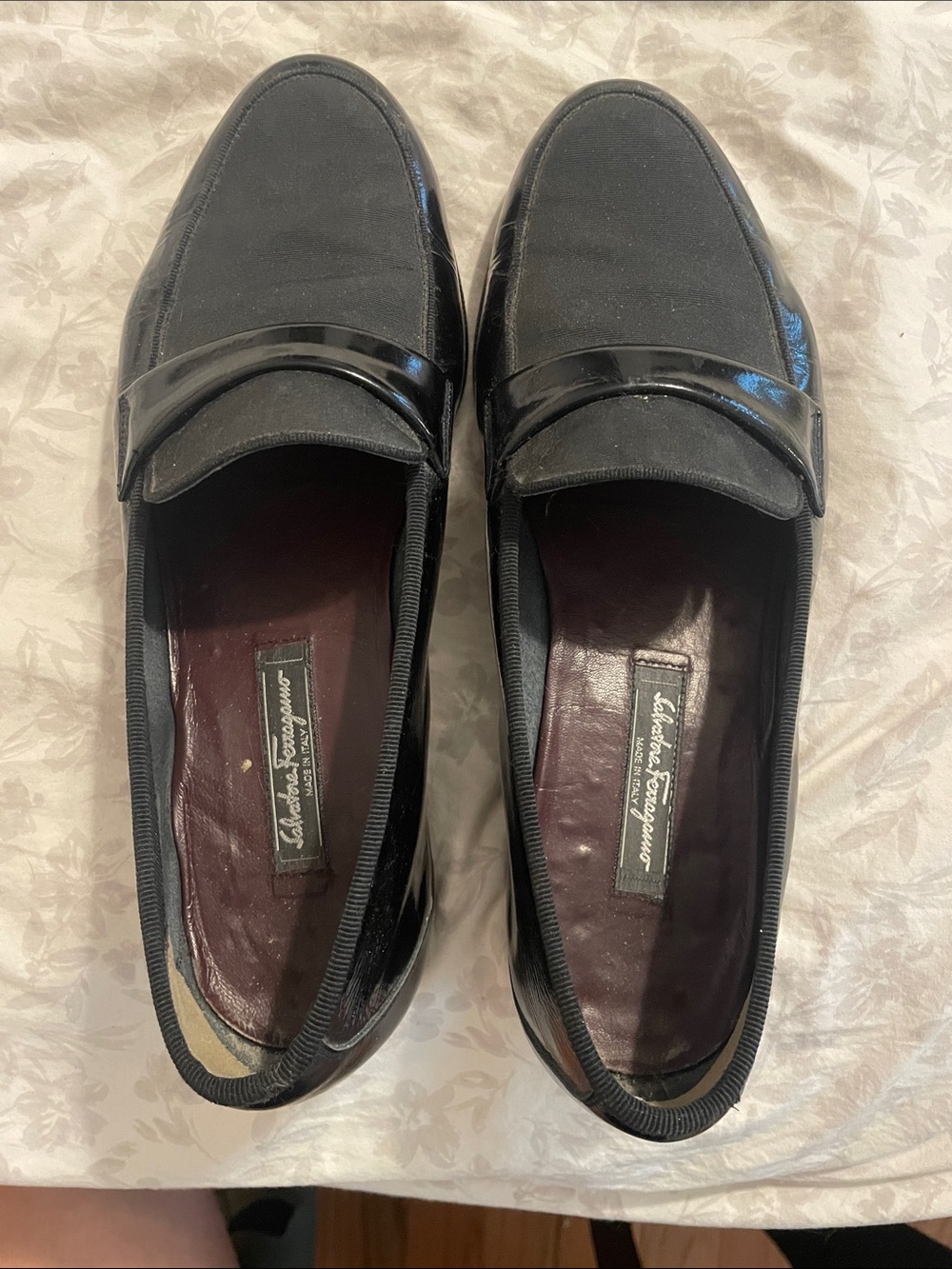 Salvatore Ferragamo Black Patent & Fabric Penny Loafers vintage